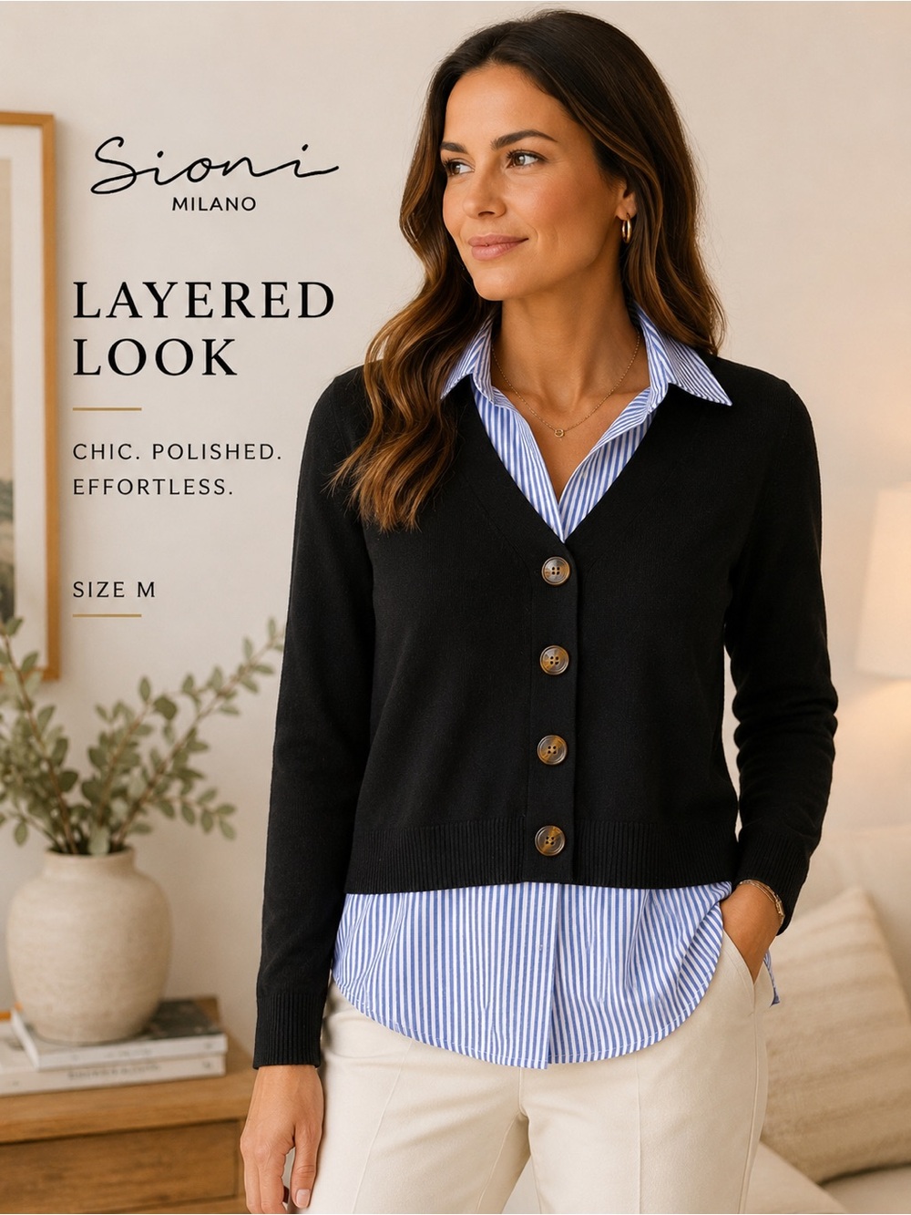 Sioni Milano Women’s M Layered Cardigan Shirt Black Blue Stripe Preppy Sweater